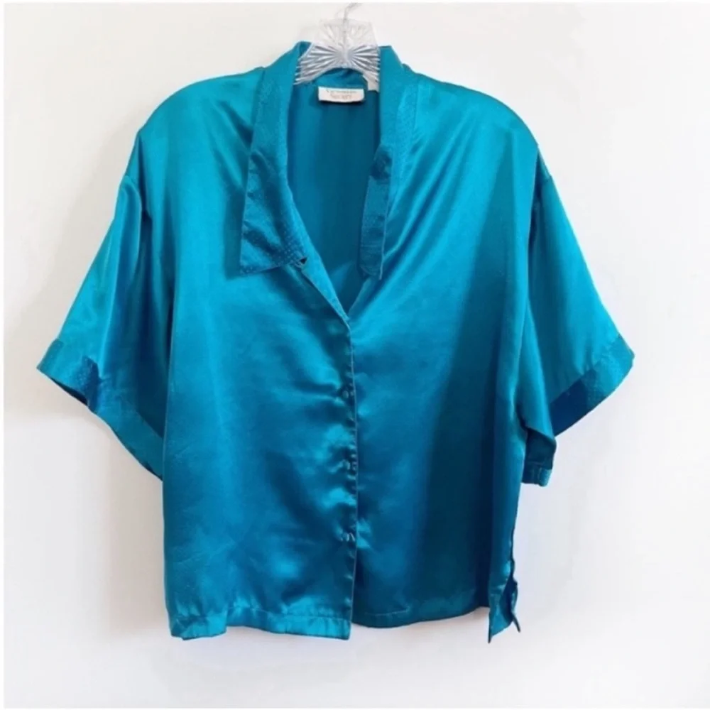 Victoria's Secret pajama top teal blue satin button front vintage gold label